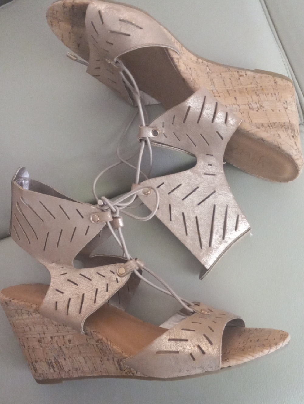 Women's Metallic Rose Gold Cork Wedge Sandals with Lace-Up Detail Size 10M